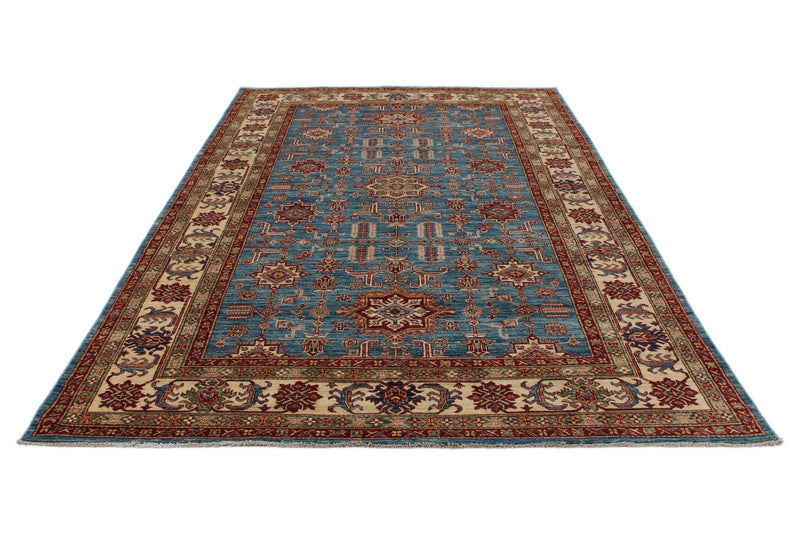 6x10 Blue and Ivory Kazak Tribal Rug