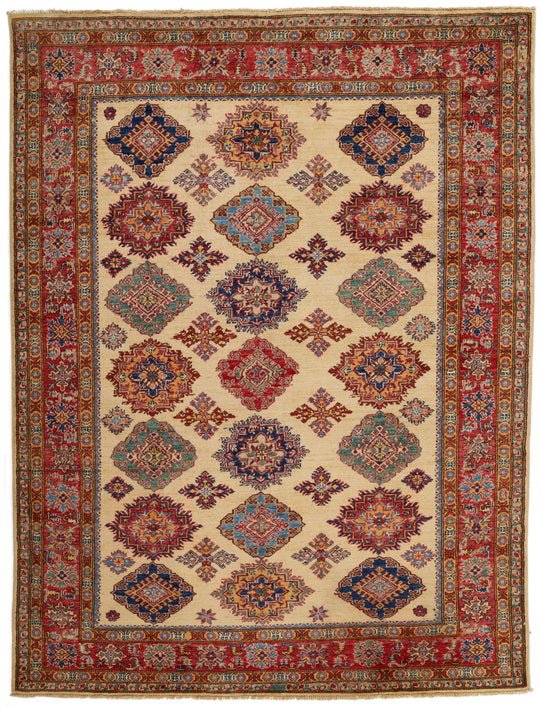 6x8 Ivory and Red Kazak Tribal Rug