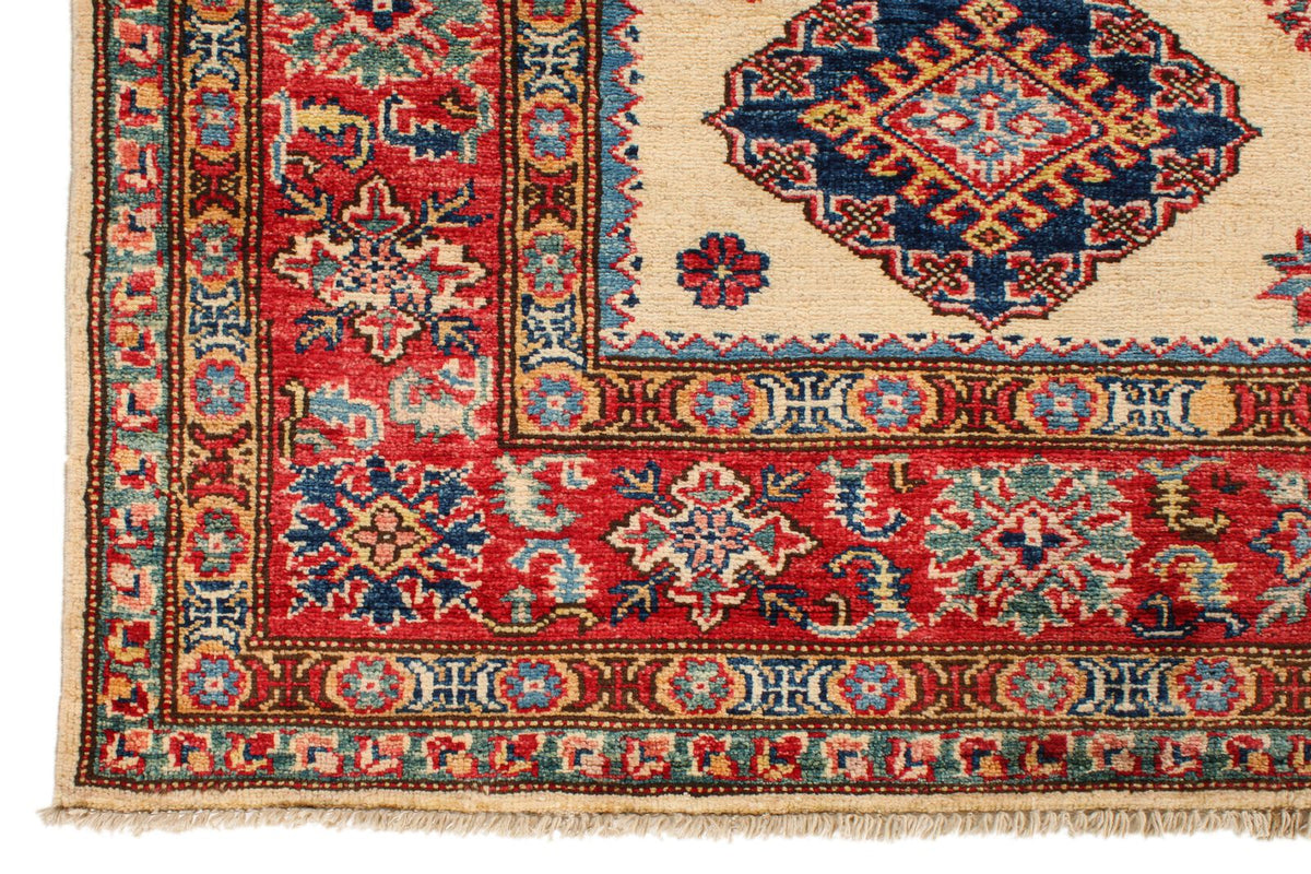 6x8 Ivory and Red Kazak Tribal Rug