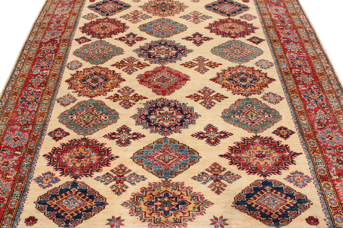 6x8 Ivory and Red Kazak Tribal Rug