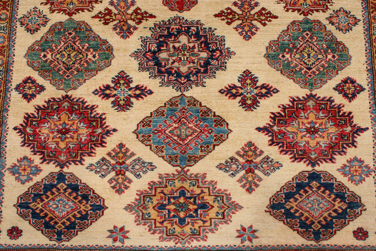 6x8 Ivory and Red Kazak Tribal Rug