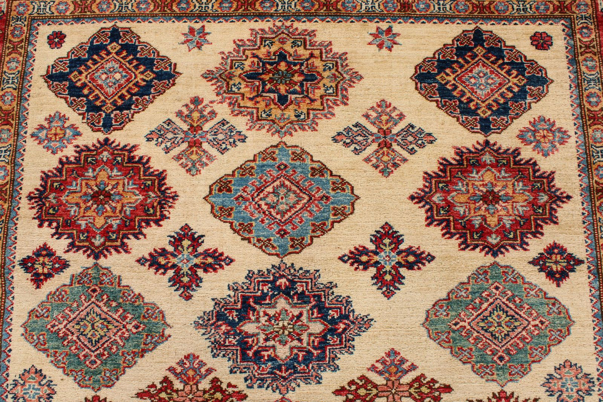 6x8 Ivory and Red Kazak Tribal Rug