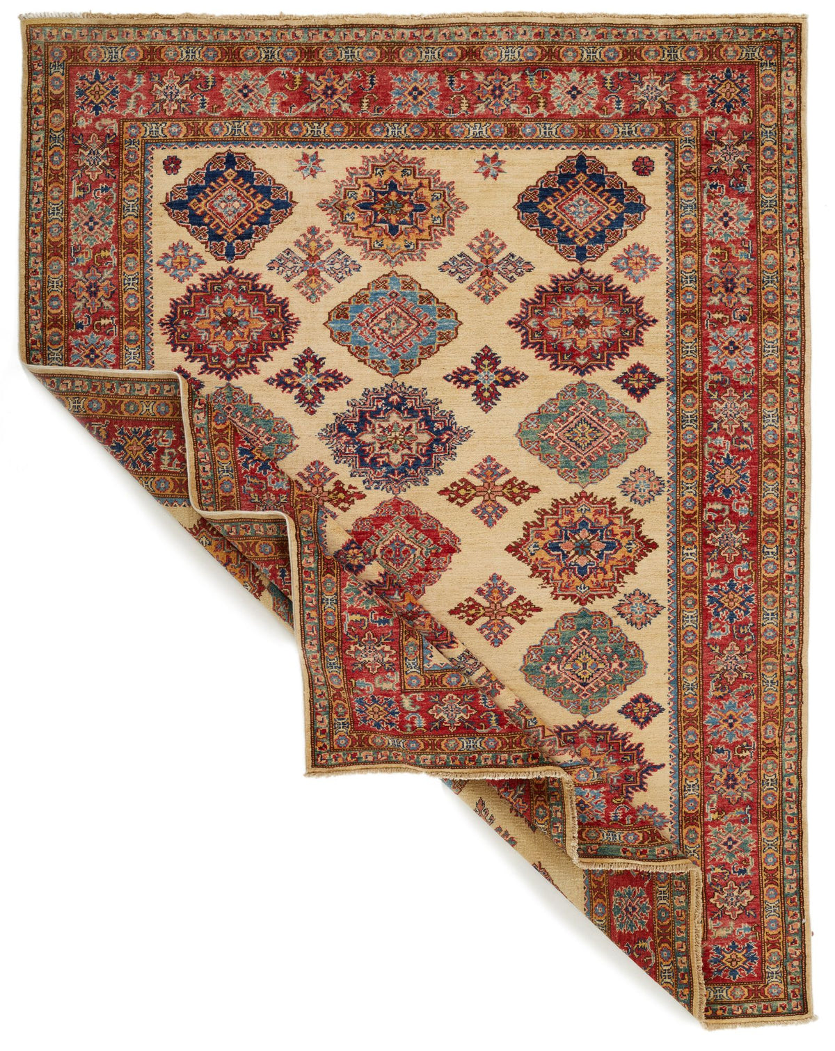 6x8 Ivory and Red Kazak Tribal Rug