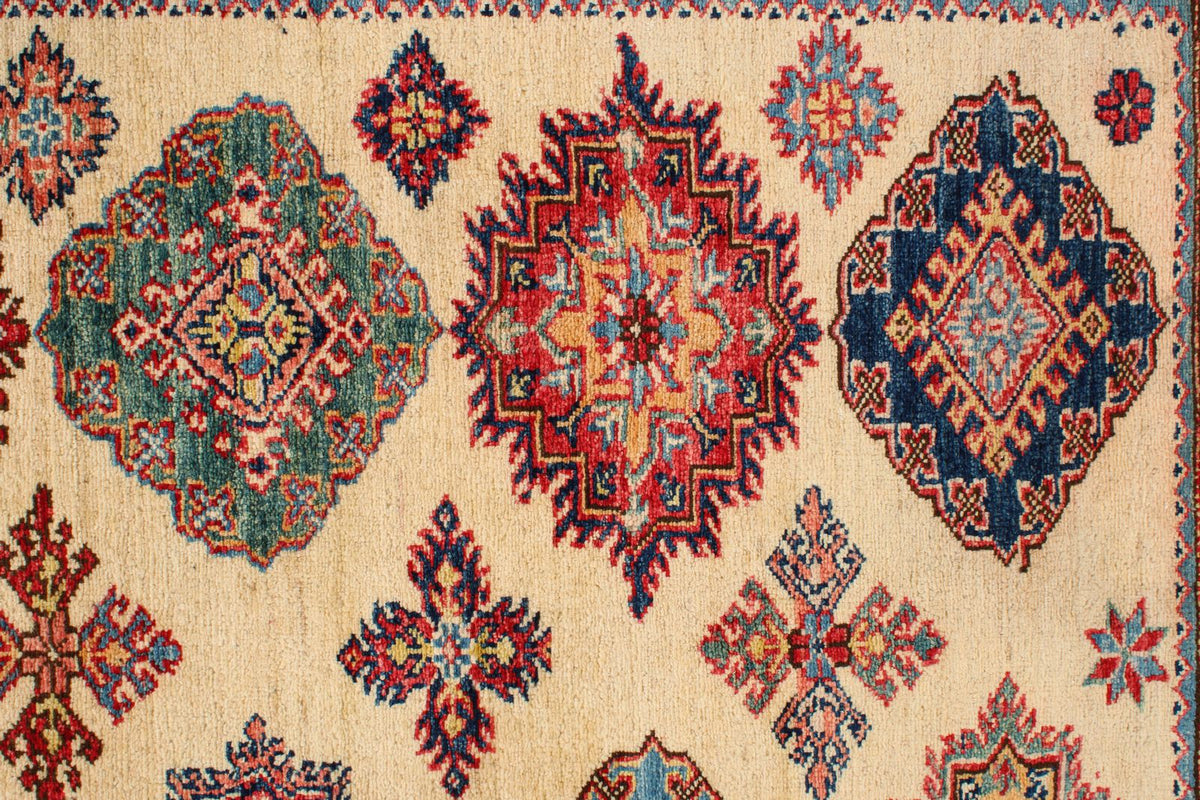 6x8 Ivory and Red Kazak Tribal Rug