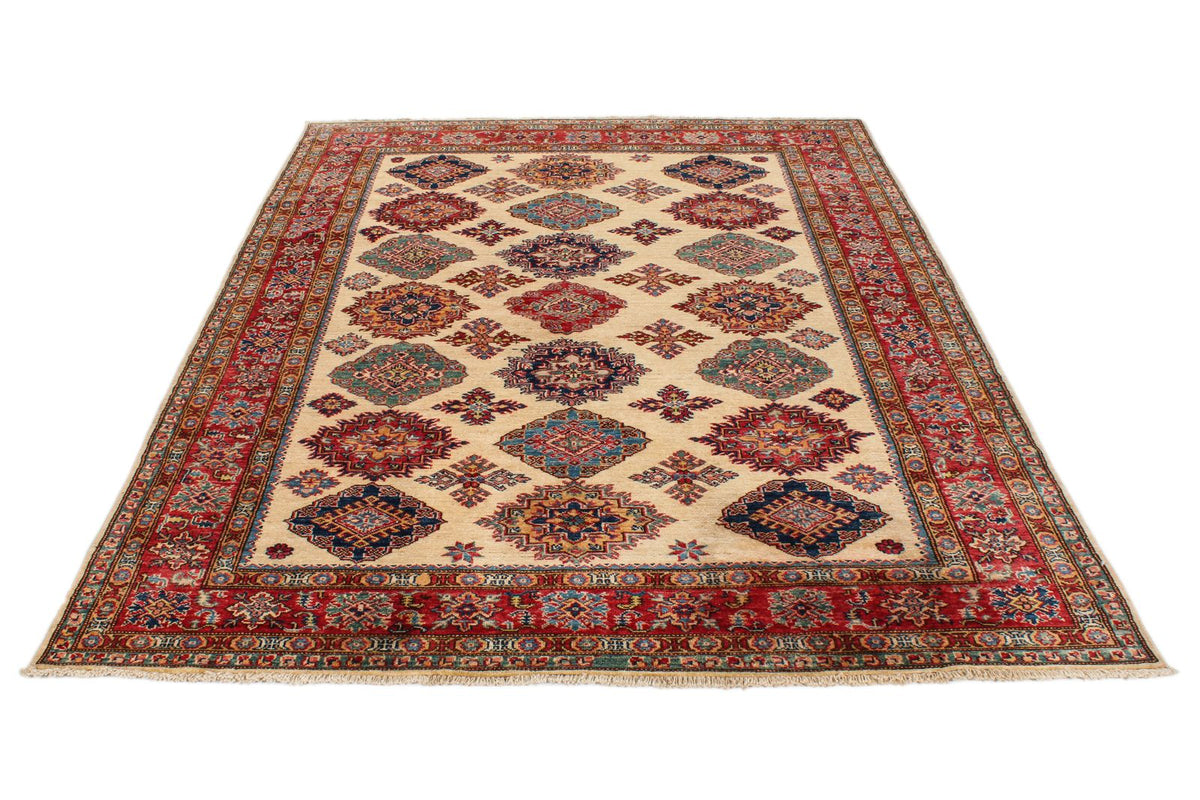 6x8 Ivory and Red Kazak Tribal Rug