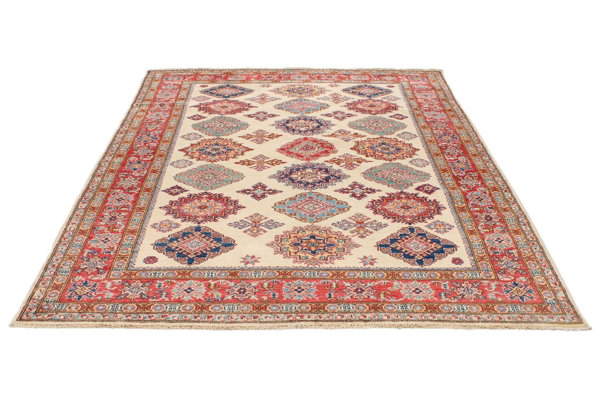 6x8 Ivory and Red Kazak Tribal Rug