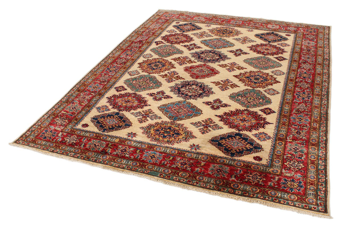 6x8 Ivory and Red Kazak Tribal Rug
