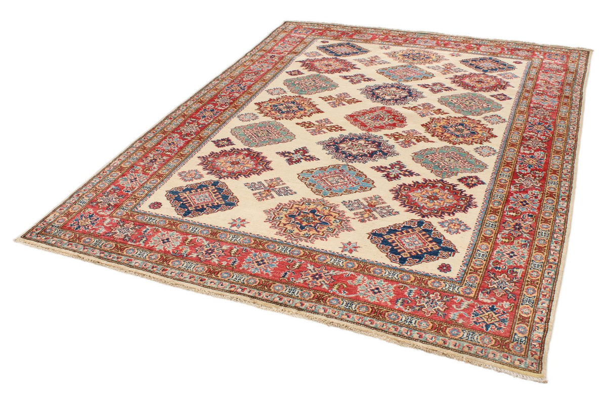 6x8 Ivory and Red Kazak Tribal Rug