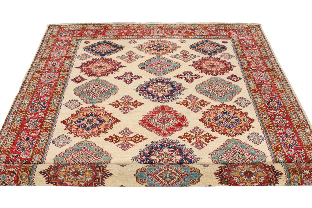 6x8 Ivory and Red Kazak Tribal Rug