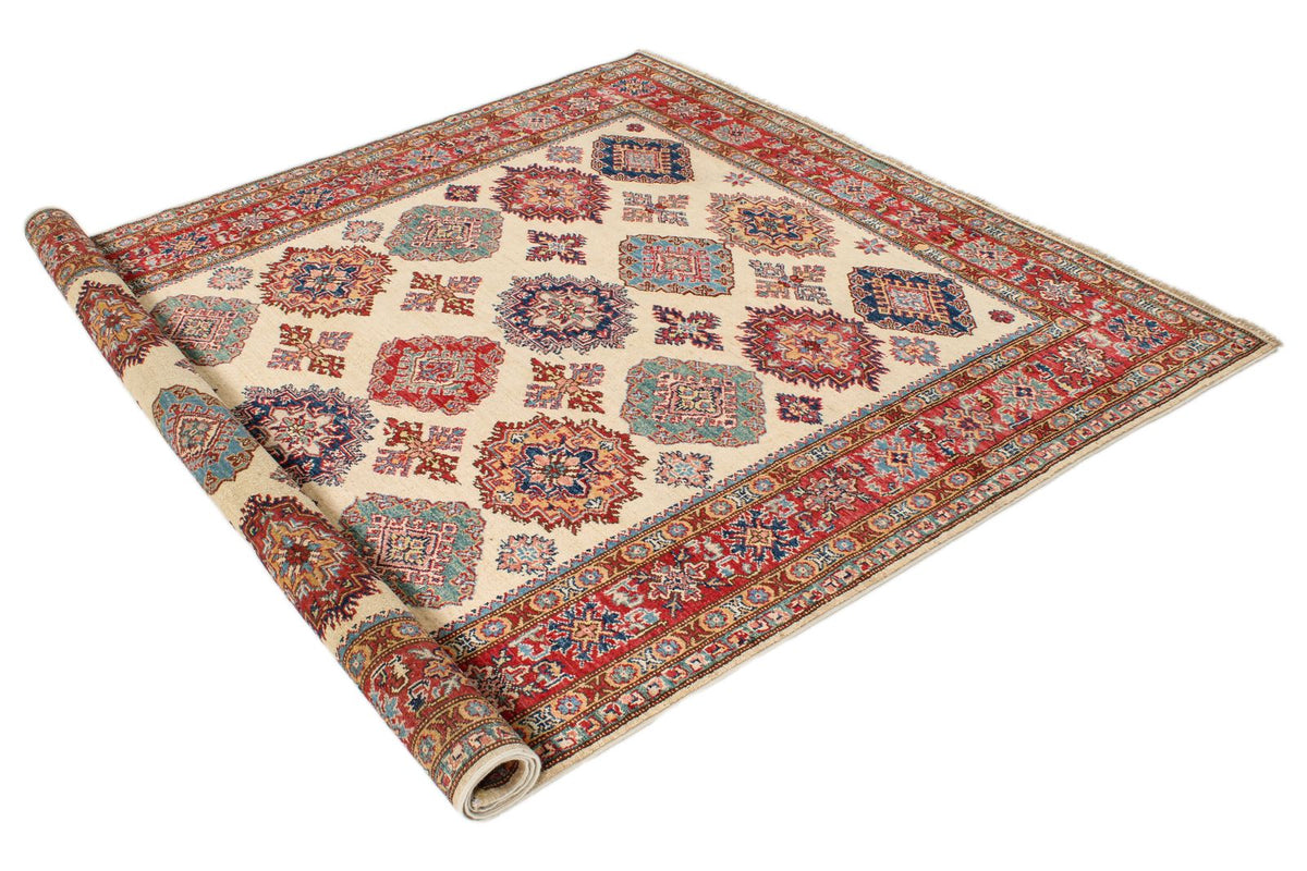 6x8 Ivory and Red Kazak Tribal Rug