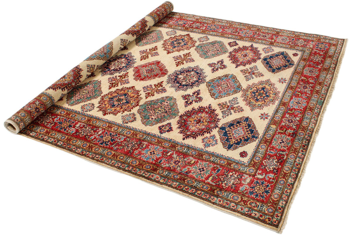 6x8 Ivory and Red Kazak Tribal Rug