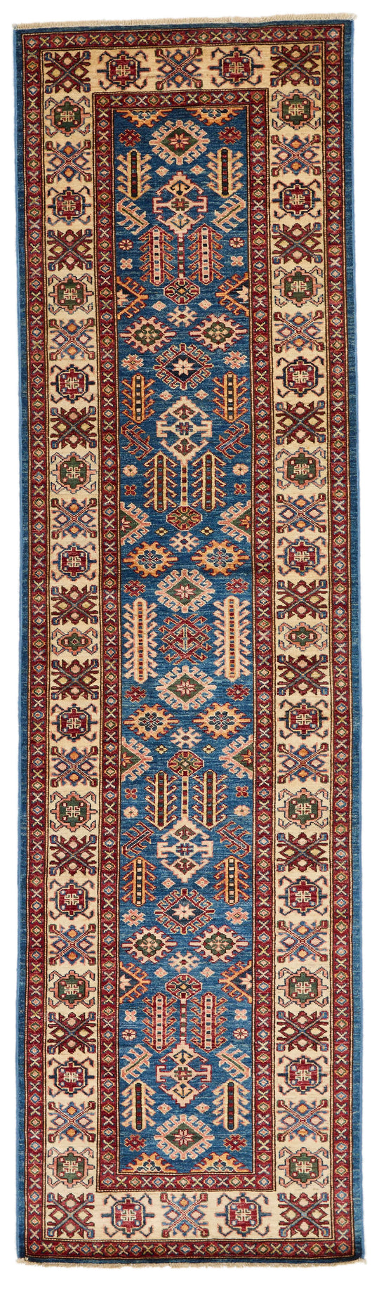 3x10 Blue and Ivory Kazak Tribal Runner
