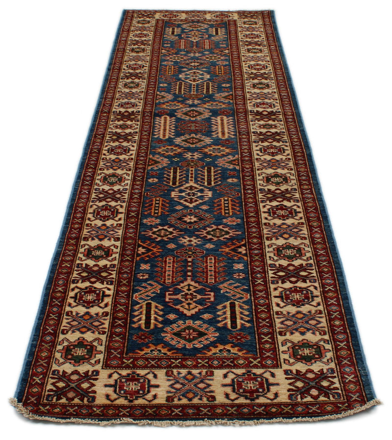 3x10 Blue and Ivory Kazak Tribal Runner