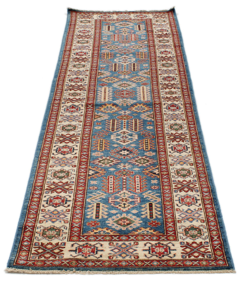 3x10 Blue and Ivory Kazak Tribal Runner