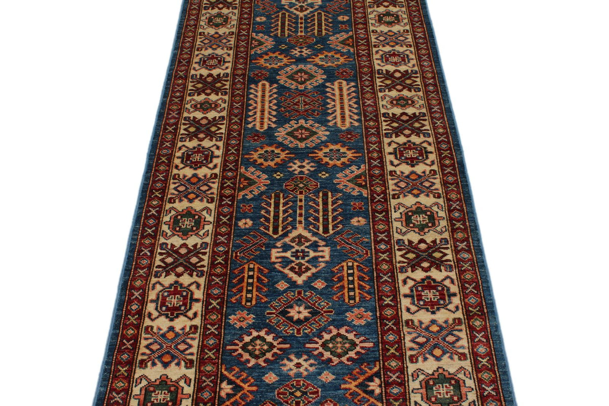 3x10 Blue and Ivory Kazak Tribal Runner