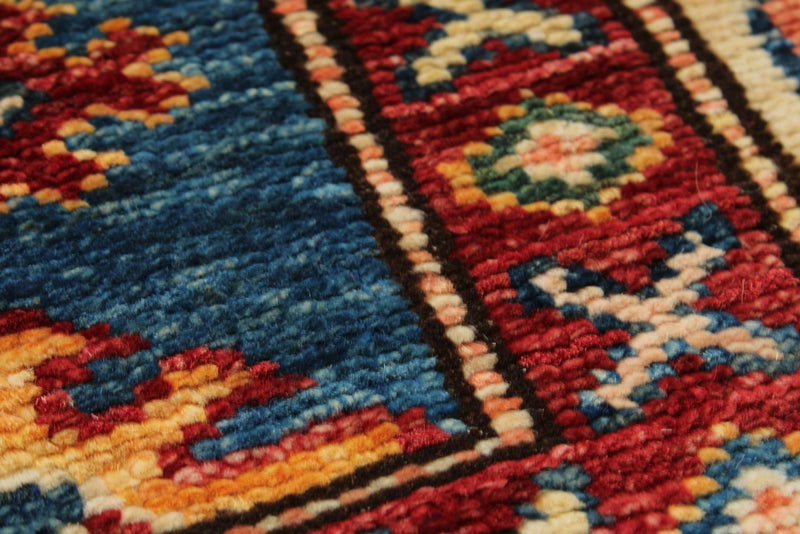 3x10 Blue and Ivory Kazak Tribal Runner