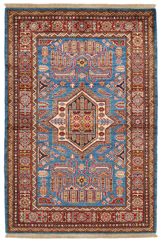 3x5 Blue and Red Kazak Tribal Rug