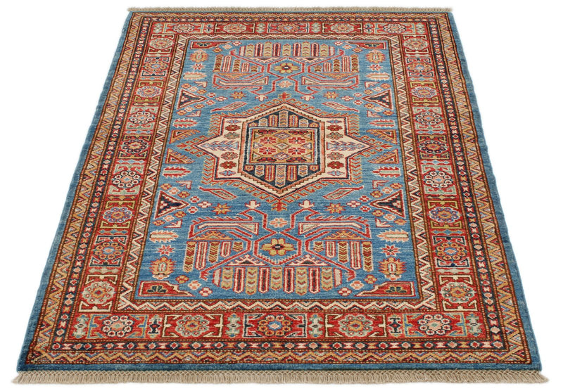 3x5 Blue and Red Kazak Tribal Rug