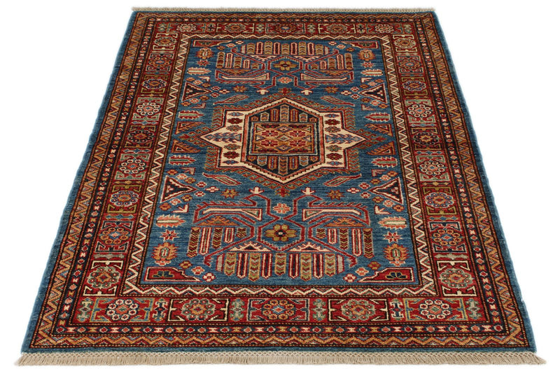3x5 Blue and Red Kazak Tribal Rug