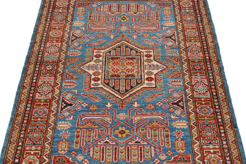3x5 Blue and Red Kazak Tribal Rug