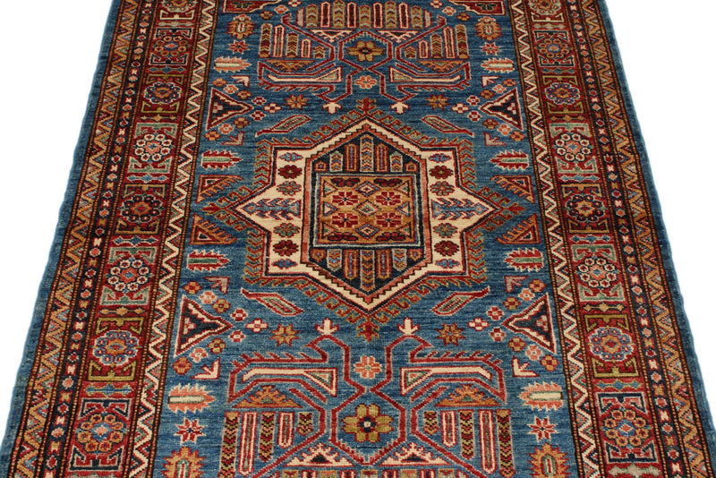 3x5 Blue and Red Kazak Tribal Rug