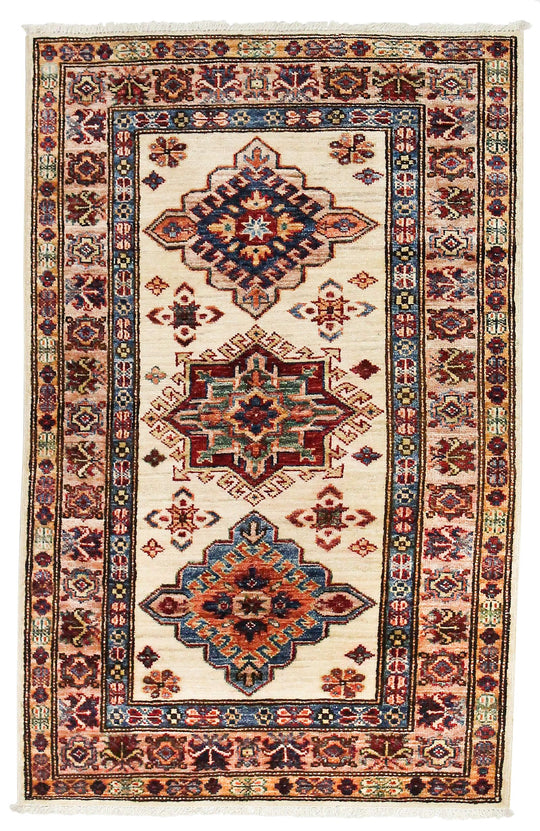 3x4 Ivory and Ivory Kazak Tribal Rug
