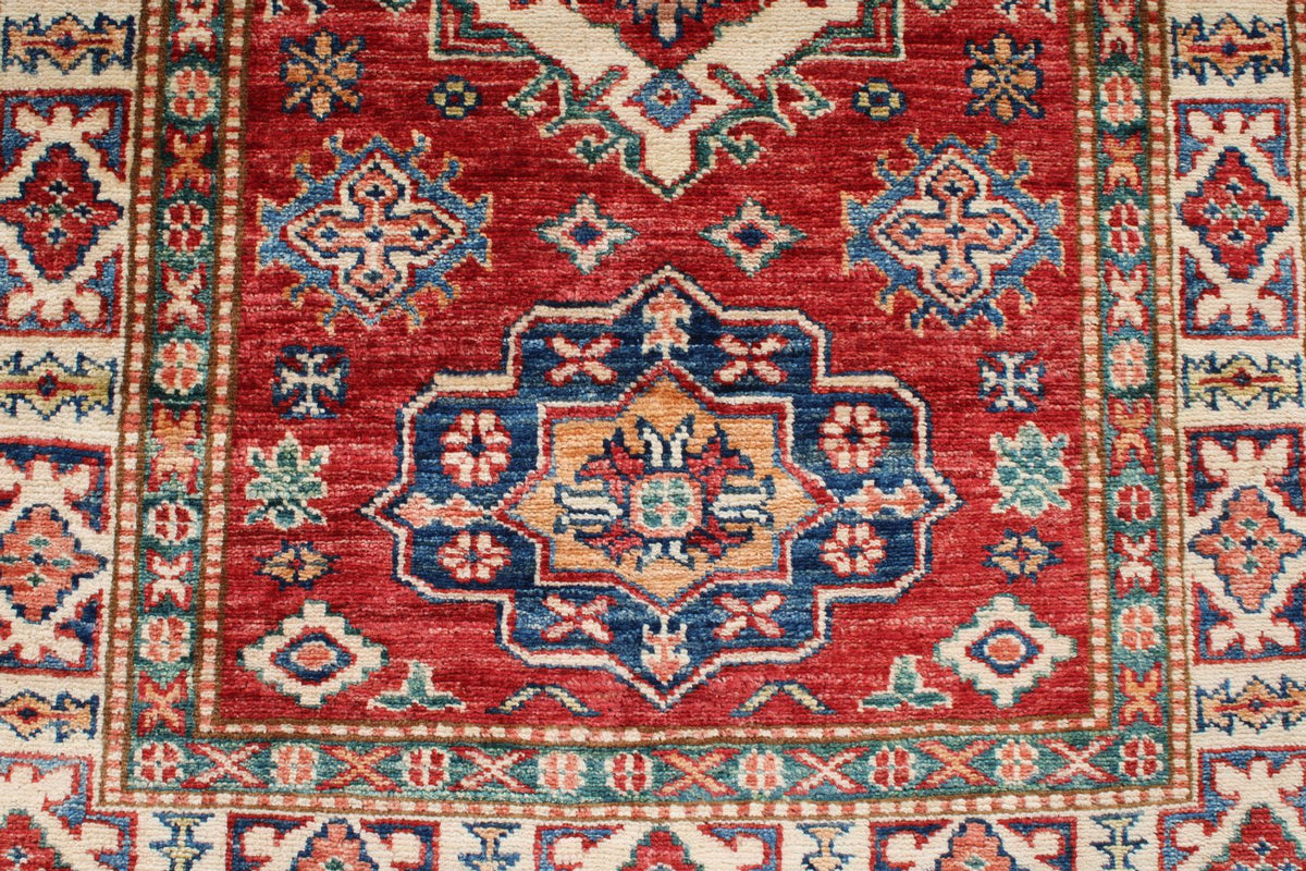 3x4 Red and Ivory Kazak Tribal Rug