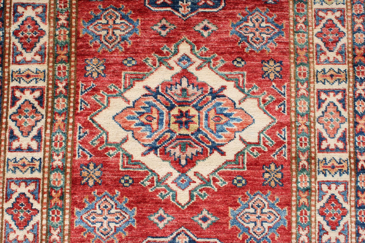 3x4 Red and Ivory Kazak Tribal Rug