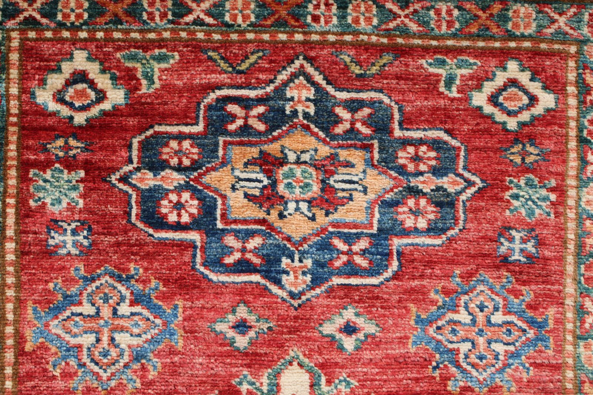 3x4 Red and Ivory Kazak Tribal Rug