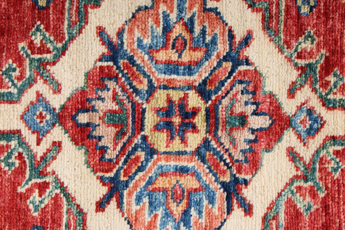 3x4 Red and Ivory Kazak Tribal Rug