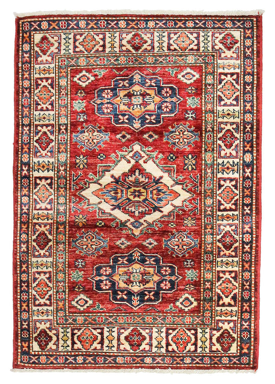 3x4 Red and Ivory Kazak Tribal Rug