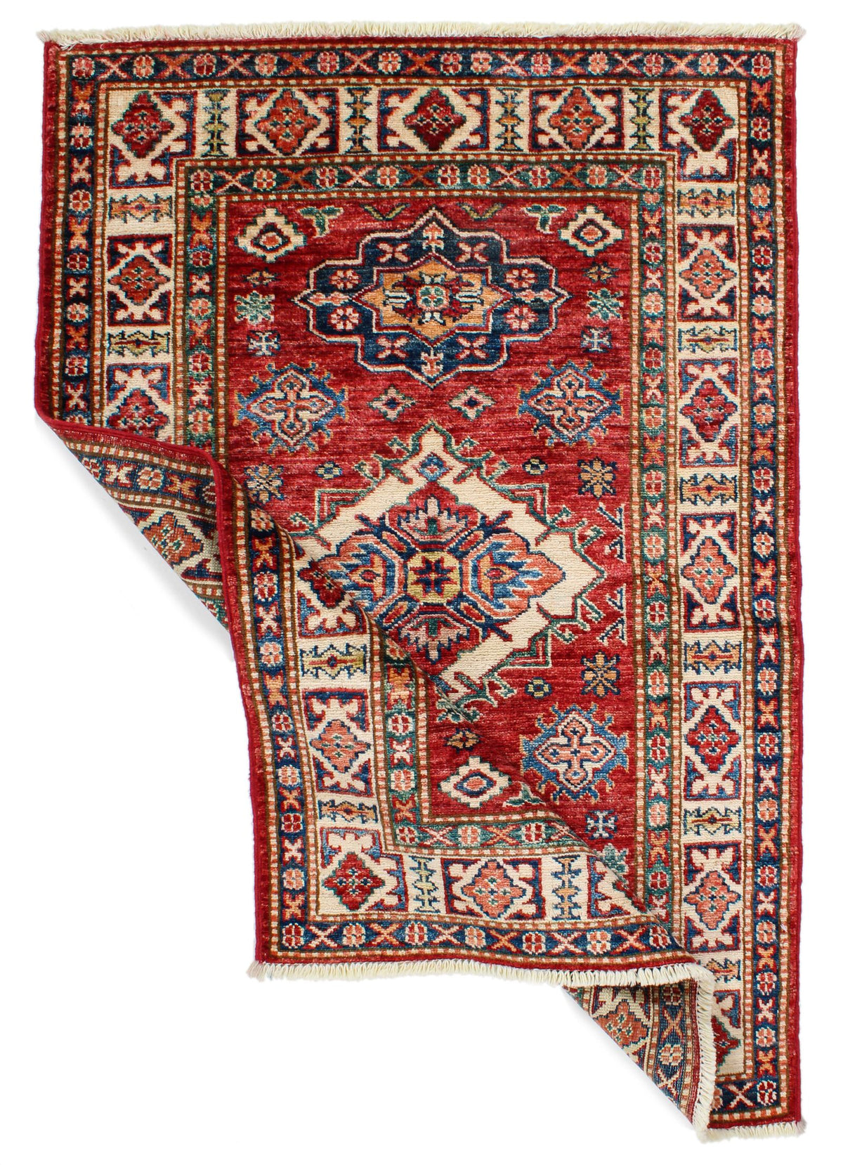 3x4 Red and Ivory Kazak Tribal Rug