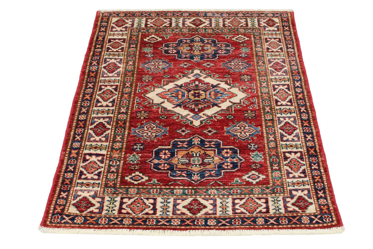 3x4 Red and Ivory Kazak Tribal Rug