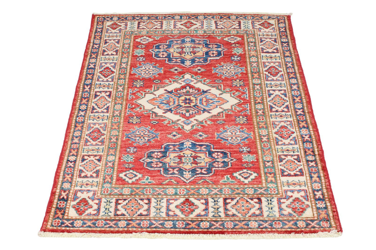 3x4 Red and Ivory Kazak Tribal Rug