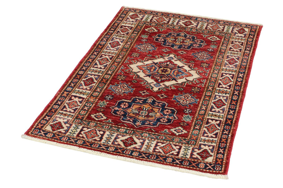 3x4 Red and Ivory Kazak Tribal Rug
