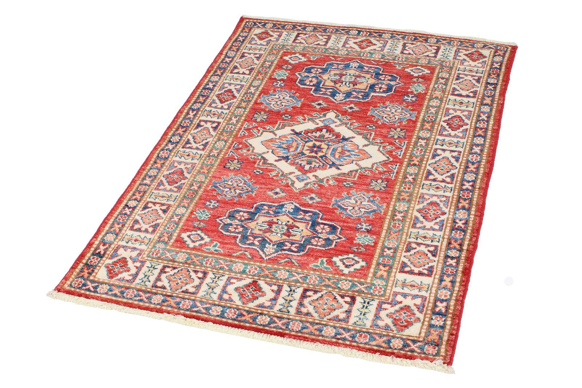 3x4 Red and Ivory Kazak Tribal Rug