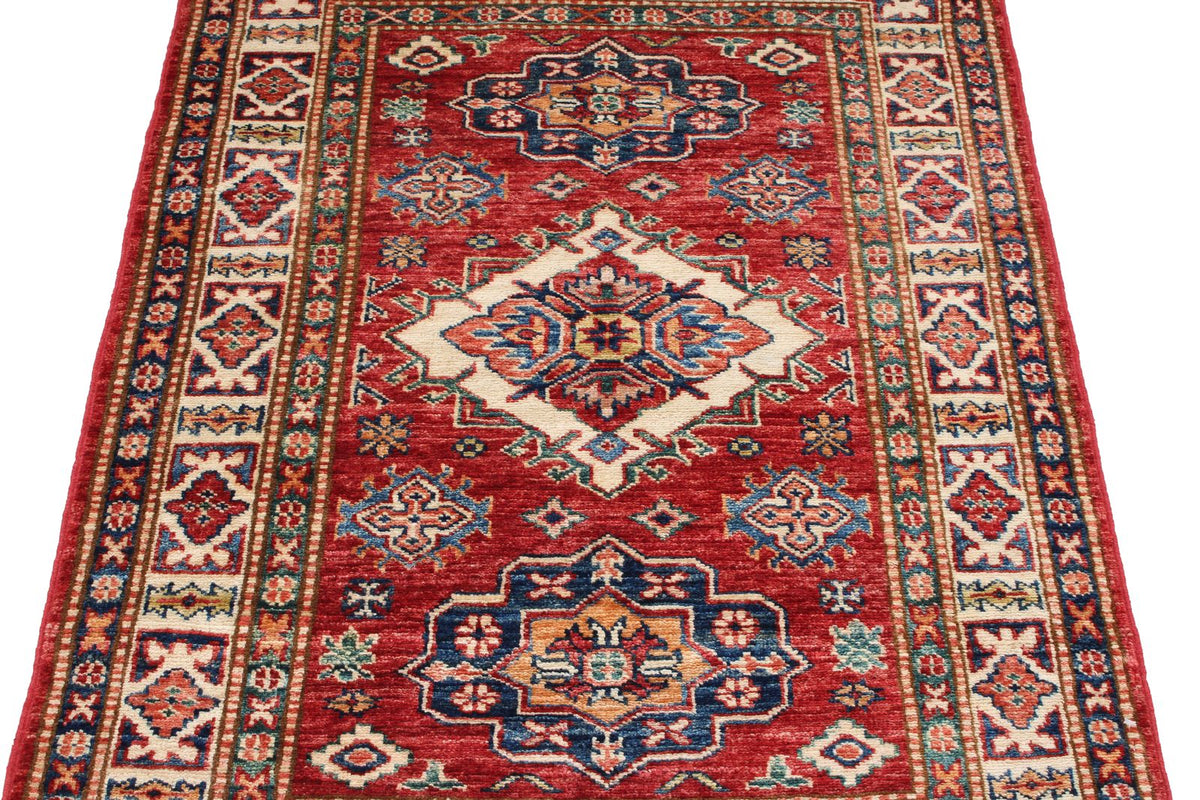 3x4 Red and Ivory Kazak Tribal Rug