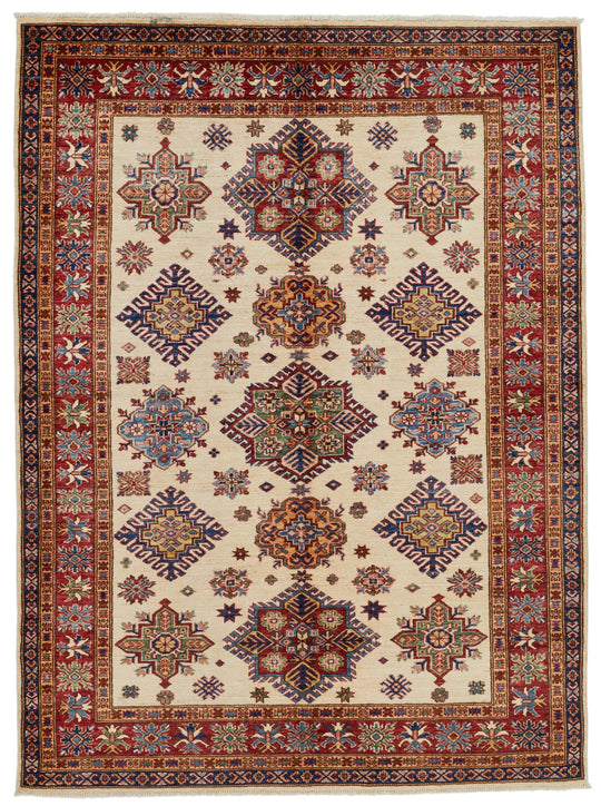 5x7 Ivory and Red Kazak Tribal Rug