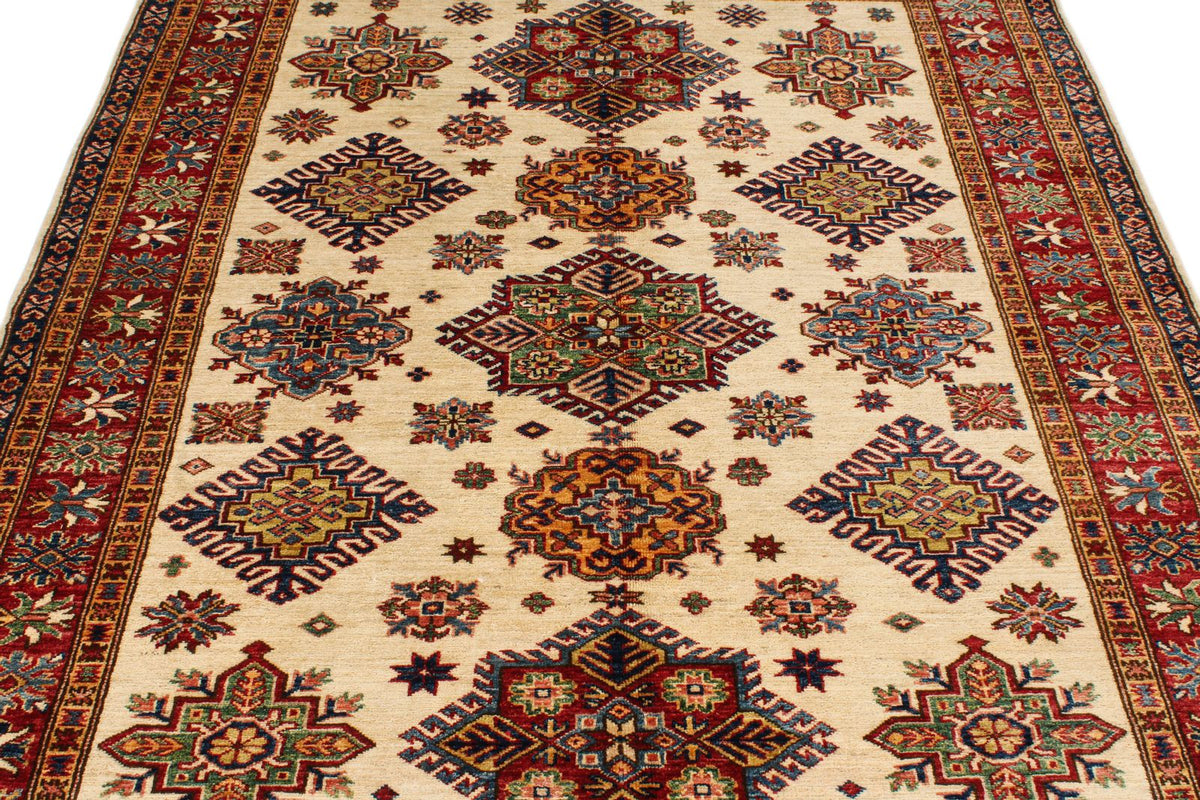 5x7 Ivory and Red Kazak Tribal Rug