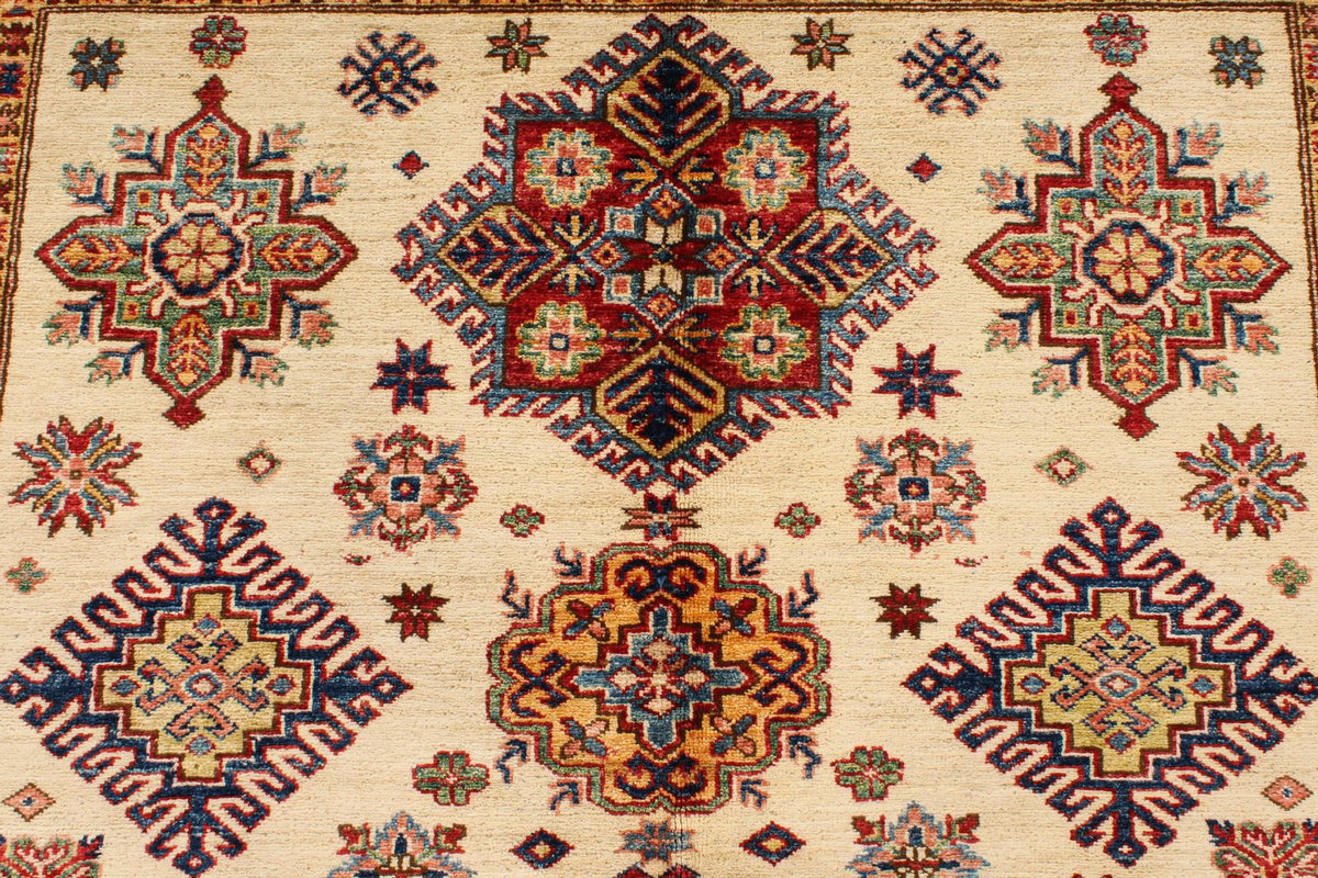5x7 Ivory and Red Kazak Tribal Rug
