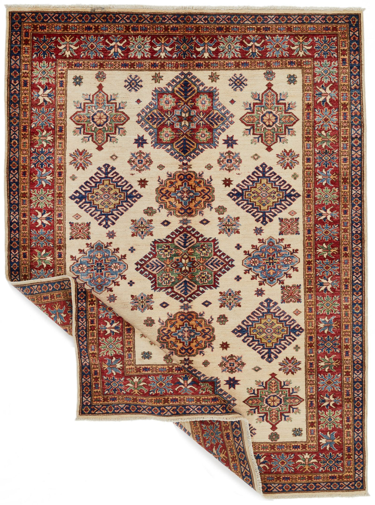 5x7 Ivory and Red Kazak Tribal Rug