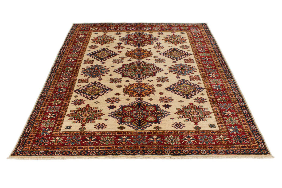 5x7 Ivory and Red Kazak Tribal Rug