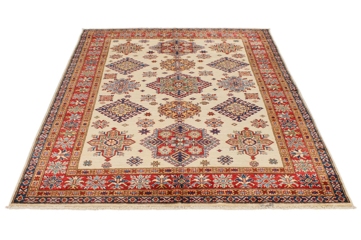 5x7 Ivory and Red Kazak Tribal Rug