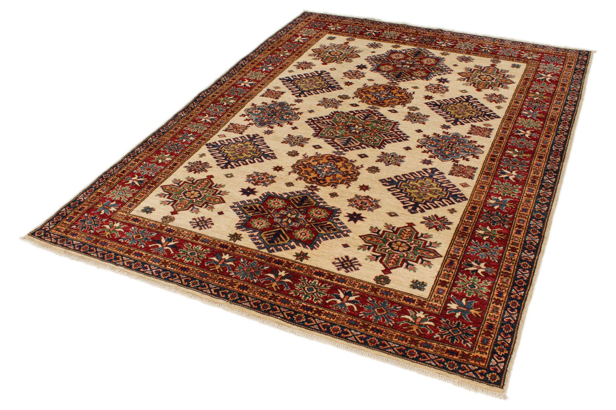 5x7 Ivory and Red Kazak Tribal Rug