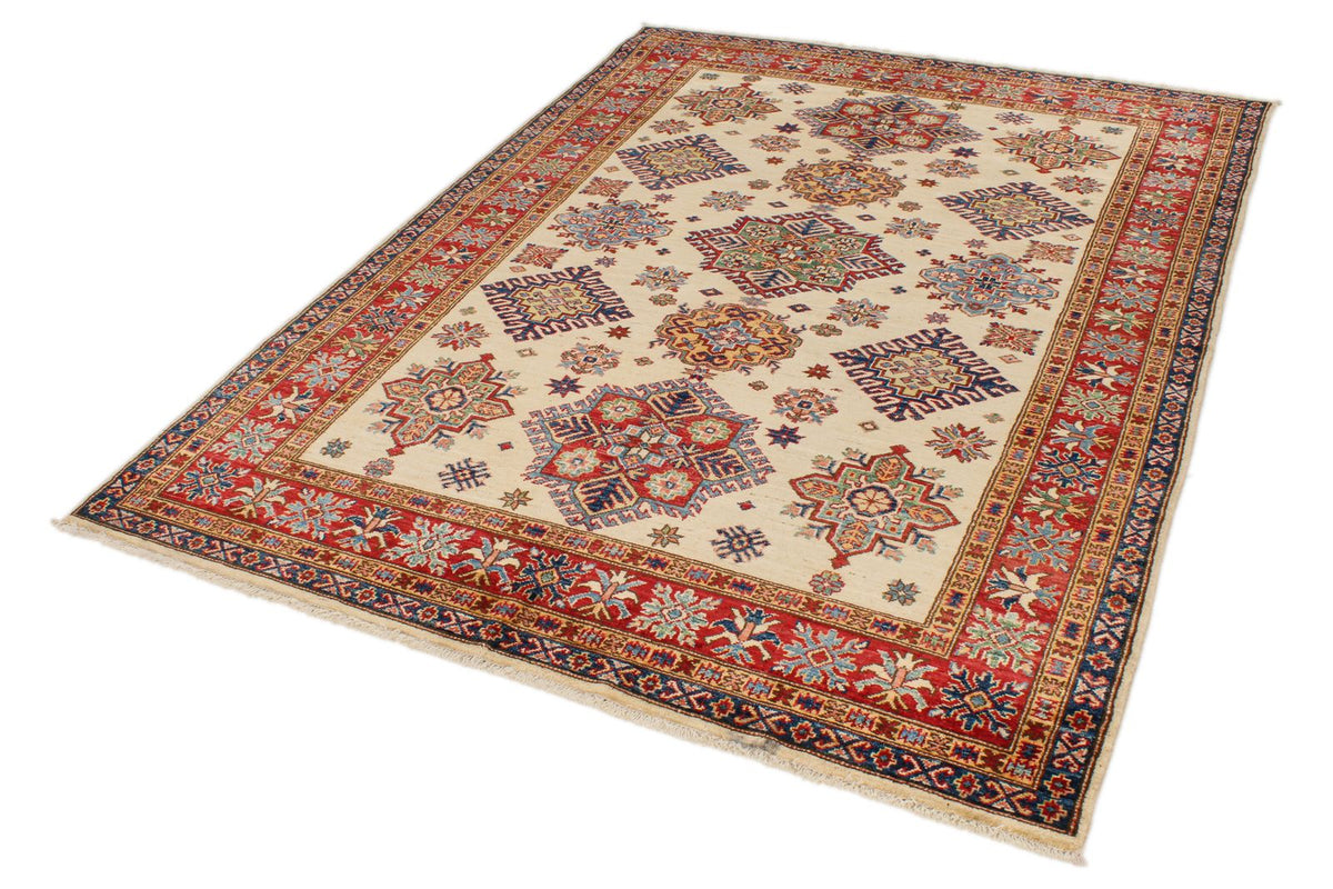5x7 Ivory and Red Kazak Tribal Rug