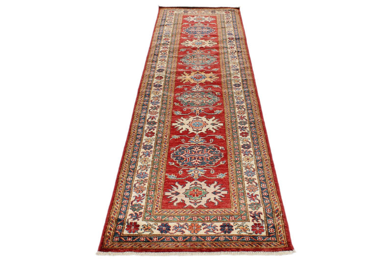 3x10 Red and Ivory Kazak Tribal Runner