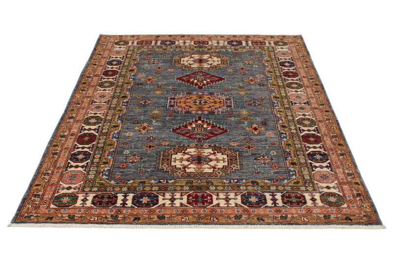 5x7 Gray and Ivory Kazak Tribal Rug