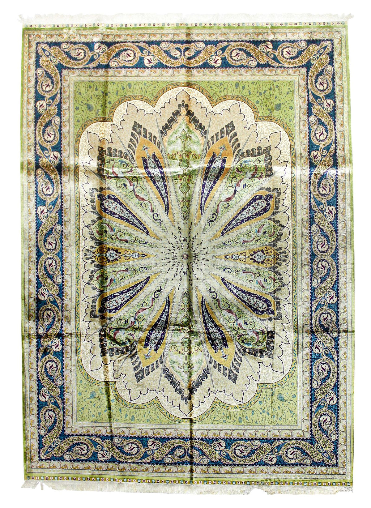7x10 Green and Navy Turkish Silk Rug