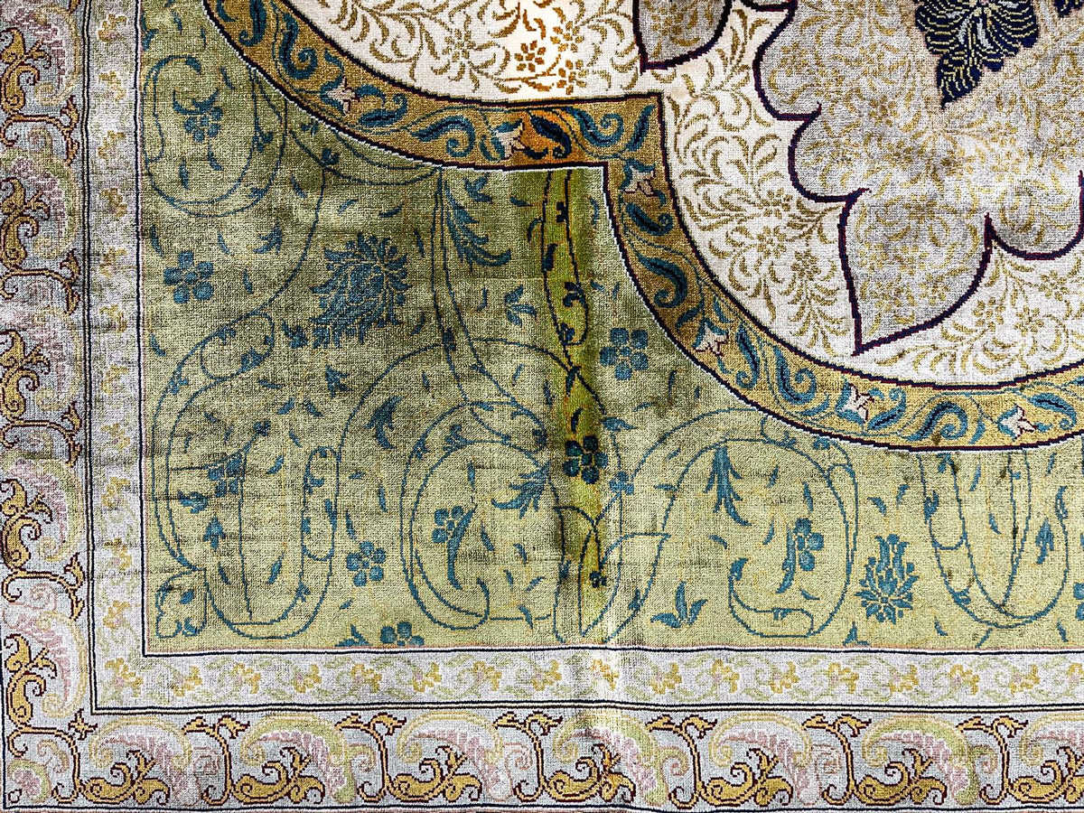 7x10 Green and Navy Turkish Silk Rug