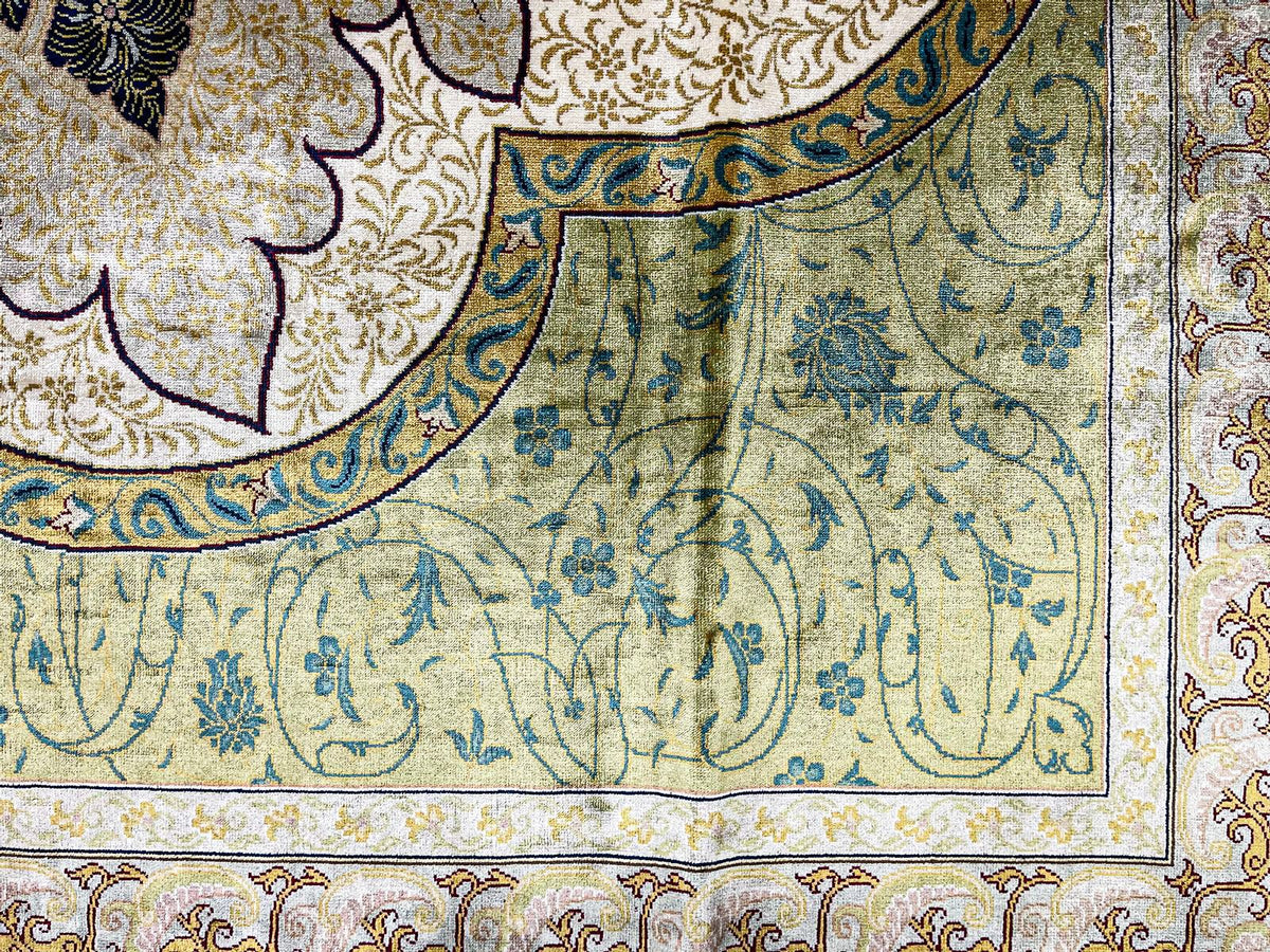 7x10 Green and Navy Turkish Silk Rug